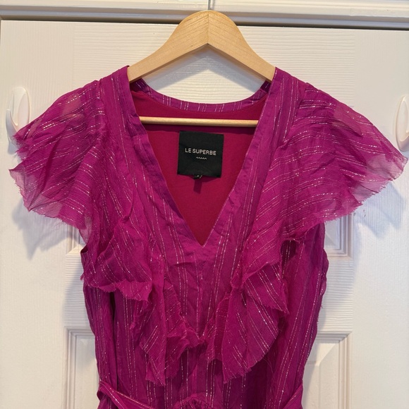 Le Superbe 100% Silk Mini Dress Women’s Size 2 Magenta Fuchsia Metallic Ruffles - Picture 4 of 10